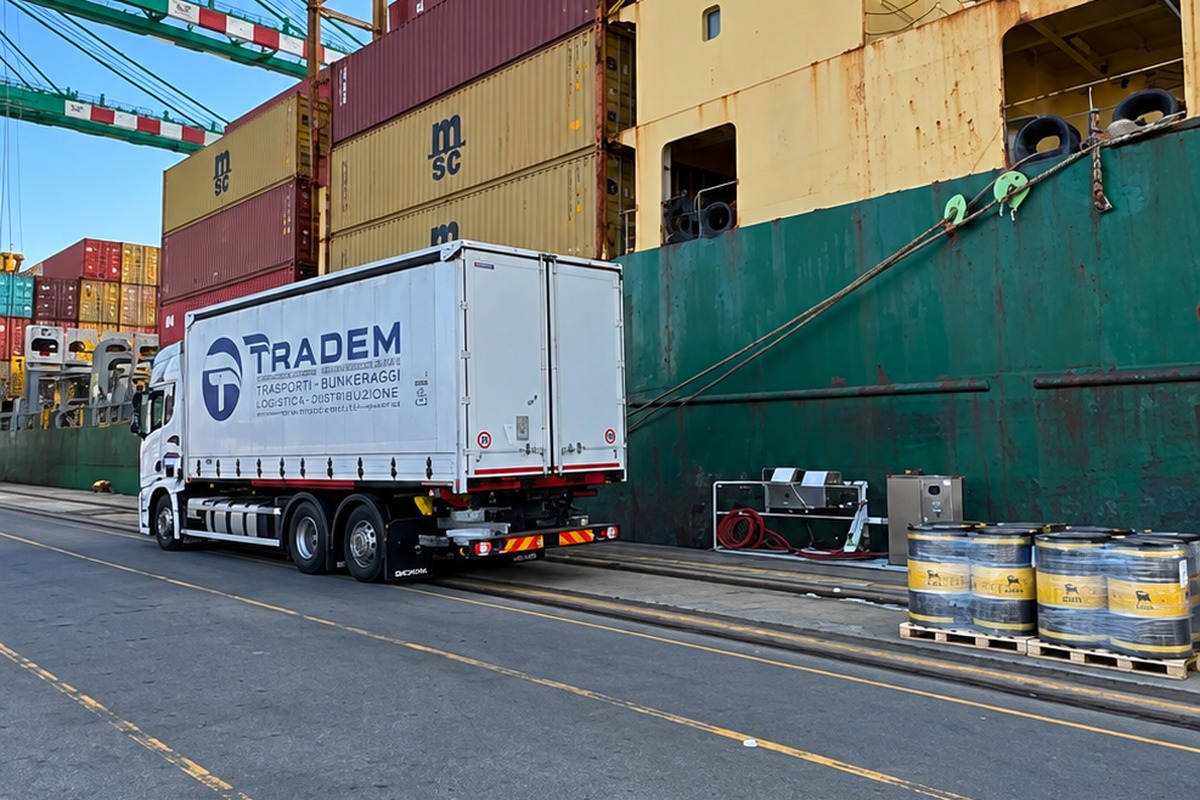 Automezzo TRADEM con sponda idraulica in banchina accanto a una portacontainer