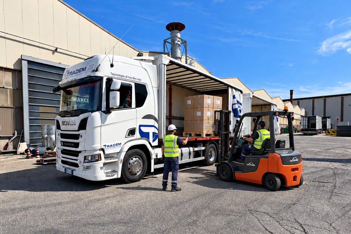 Carico di merce pallettizzata su automezzo TRADEM con carrello elevatore